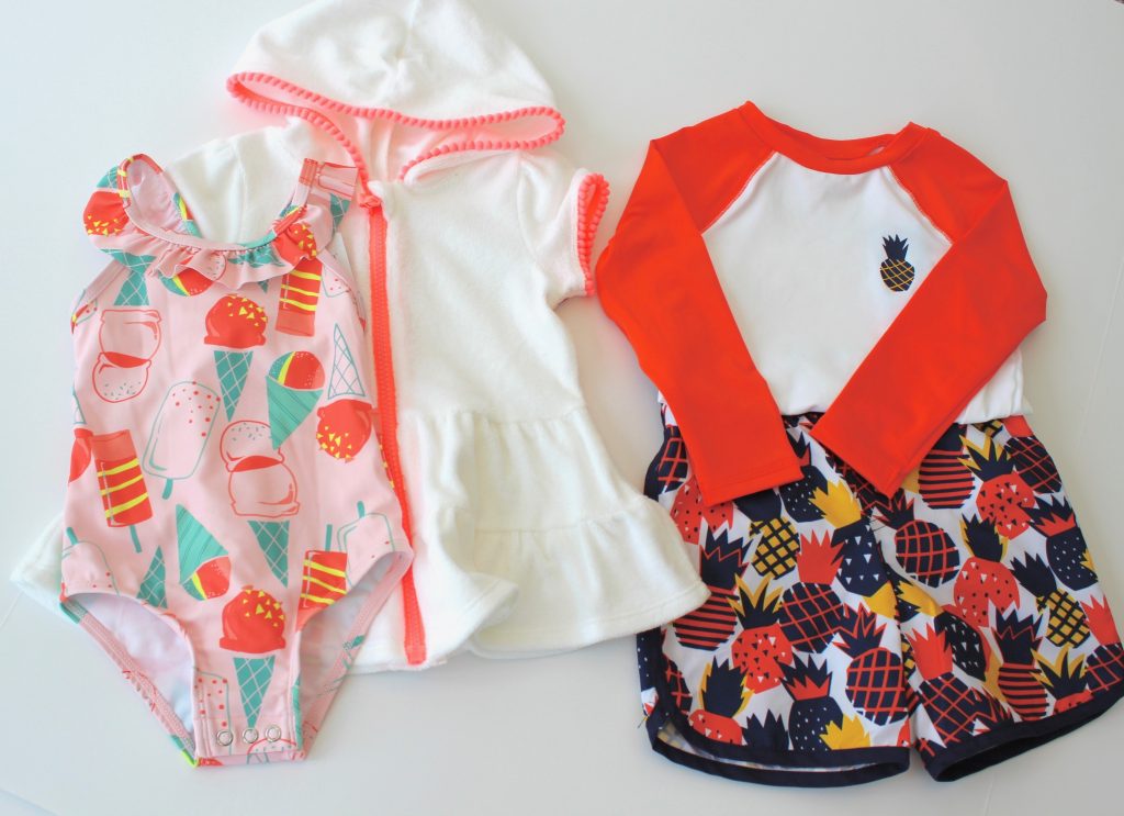 Beaching It With The Grandkids! Carter's Popsicle Ruffle Sleeve One Piece Swim Suit, Cat and Jack Zip Up Hooded Terry Cover Up, Cat and Jack Pineapple Print Long Sleeve Raglan Rash Guard Swim Suit, Cat and Jack Pineapple Print Swim Trunks, 2-2021