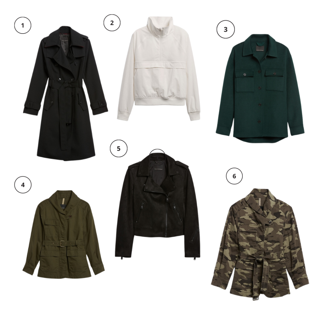 Banana Republic black trench coat, athleta white popover rain jacket, banana republic double faced shirt jacket, Banana republic essential cargo jacket, banana republic vegan leather Moto jacket, banana republic essential camo cargo jacket