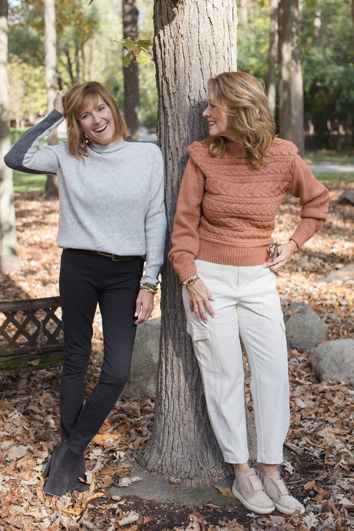 bev and val in sweaters and pants