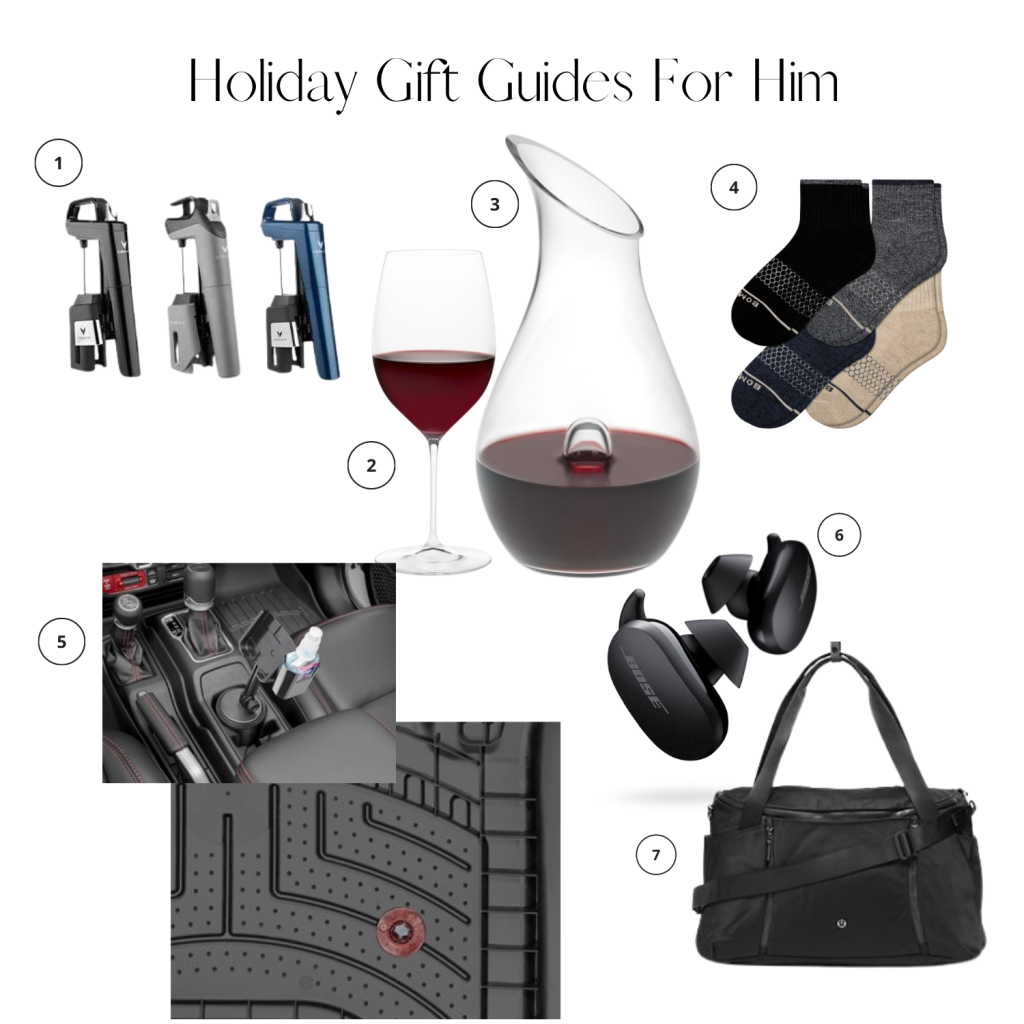 Collage of wine glasses, wine decanter, mens socks, ear buds, weather mats for car and gym duffle bag