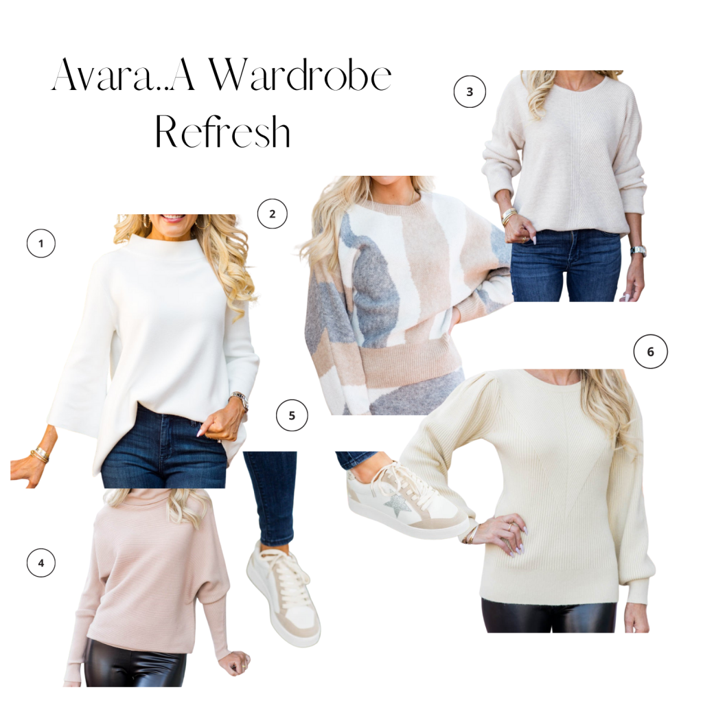 collage of sweaters and tops from avara