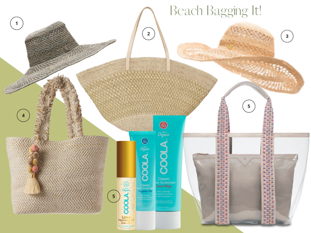 collage of beach bags, hats, sunscreen