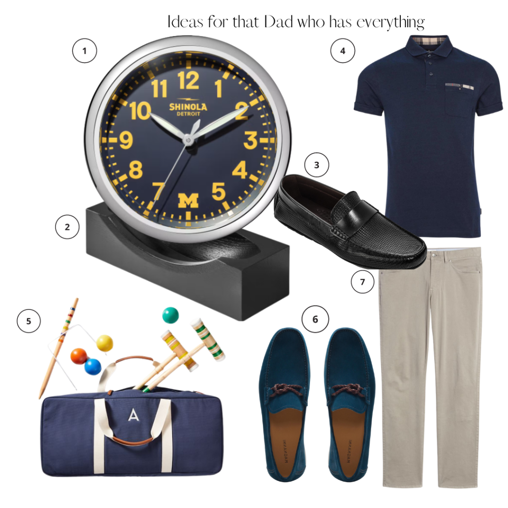 Shinola clock and stand, Mark and graham crouquet set, peter millar 5 pocket jean, Barbour polo, Magnanni alarico driving shoe, Magnus driving shoe