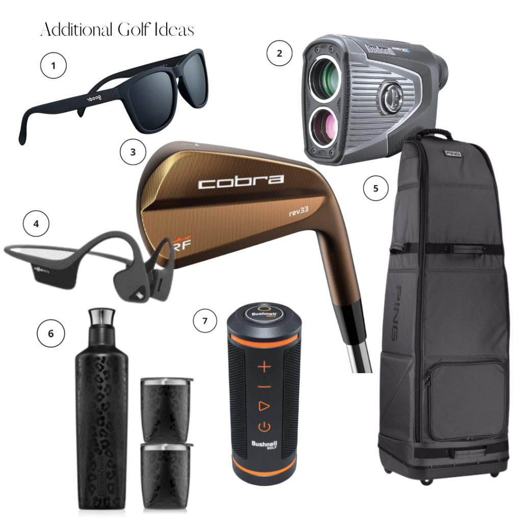 Goodr Sunglasses, Bushnell Range finder, KING RF PROTO Irons by Cobra, Open run pro sport shokz headphones, Bose speaker, Ping travel golf bag, Brumate canteen with two