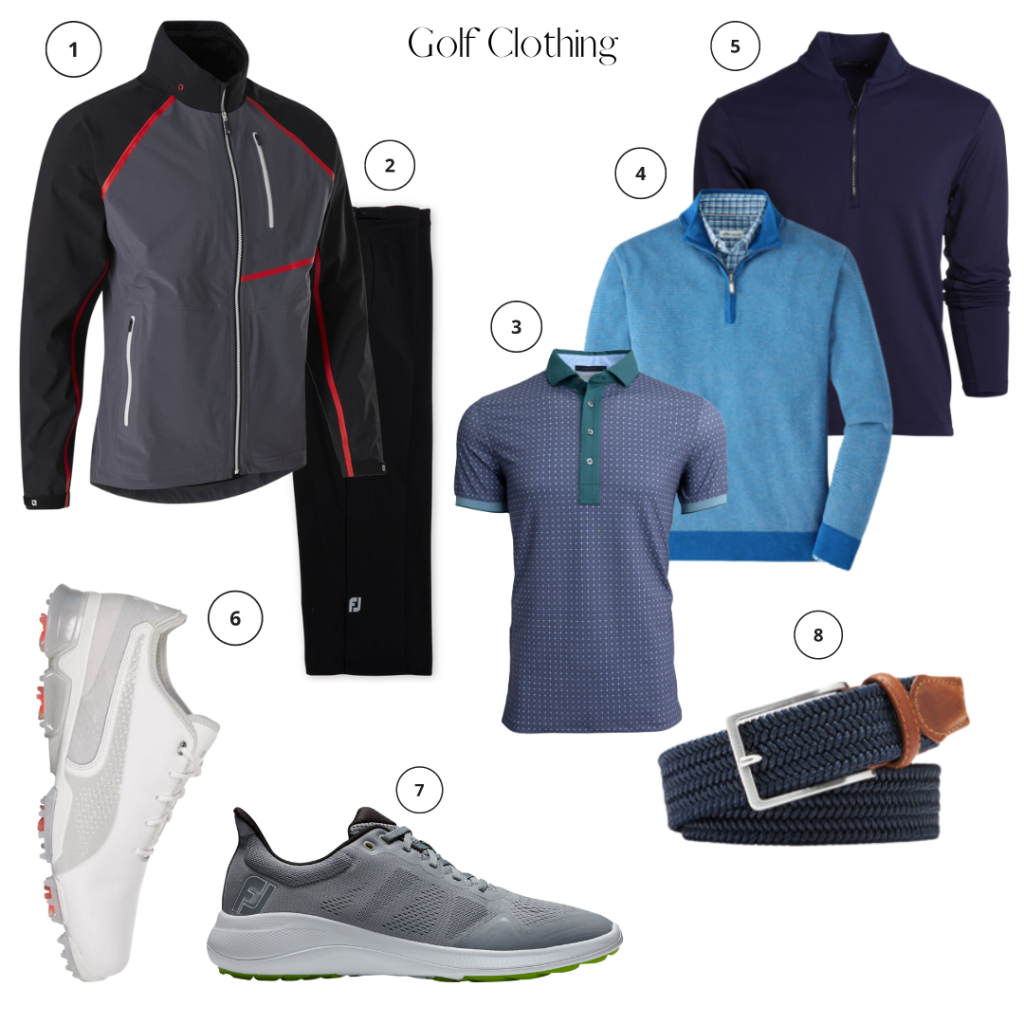 Hydrotour golf rain pants and jacket, Peter Millar polo shirt, and sweaters, Peter Millar woven belt, Foot joy golf shoes, Puma golf shoes