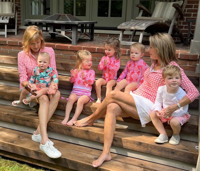 cabana life nantucket sport zip polo, white longer skirt, 3 pc. coral geo rashguard set, coral geo unisuit, cayman reversible swim trunks