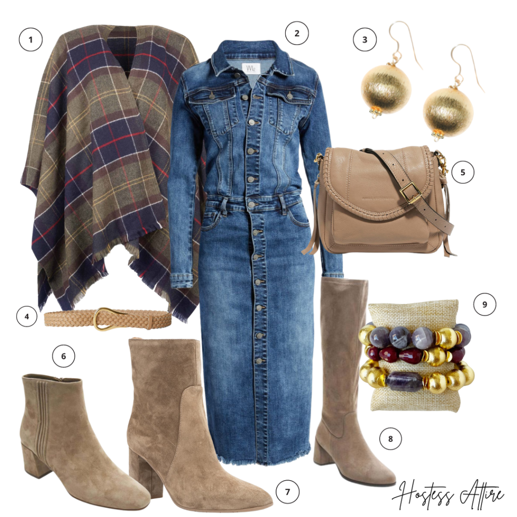 Barbour Staffin Tarter Poncho, Wash Lab Denim Dress, Hazen & Co Dee Earring, Belt, Aimee Kestenberg Mini All For Love Bag, Marmi Vanelli Sommet Boot, Aquatalia Luxe Suede Boot, Marmi Vanelli Caisson, Hazen & Co Cherry Blossom Stack