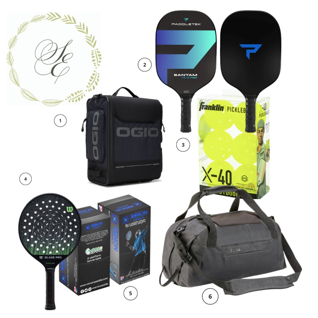 Ogio Travel Locker Bag, Paddletek Pickleball Racquest, Franklin Pickleball Balls, Wilson Pro Paddleball, xenon Paddleballs, REI Thule Aion Duffel Bag