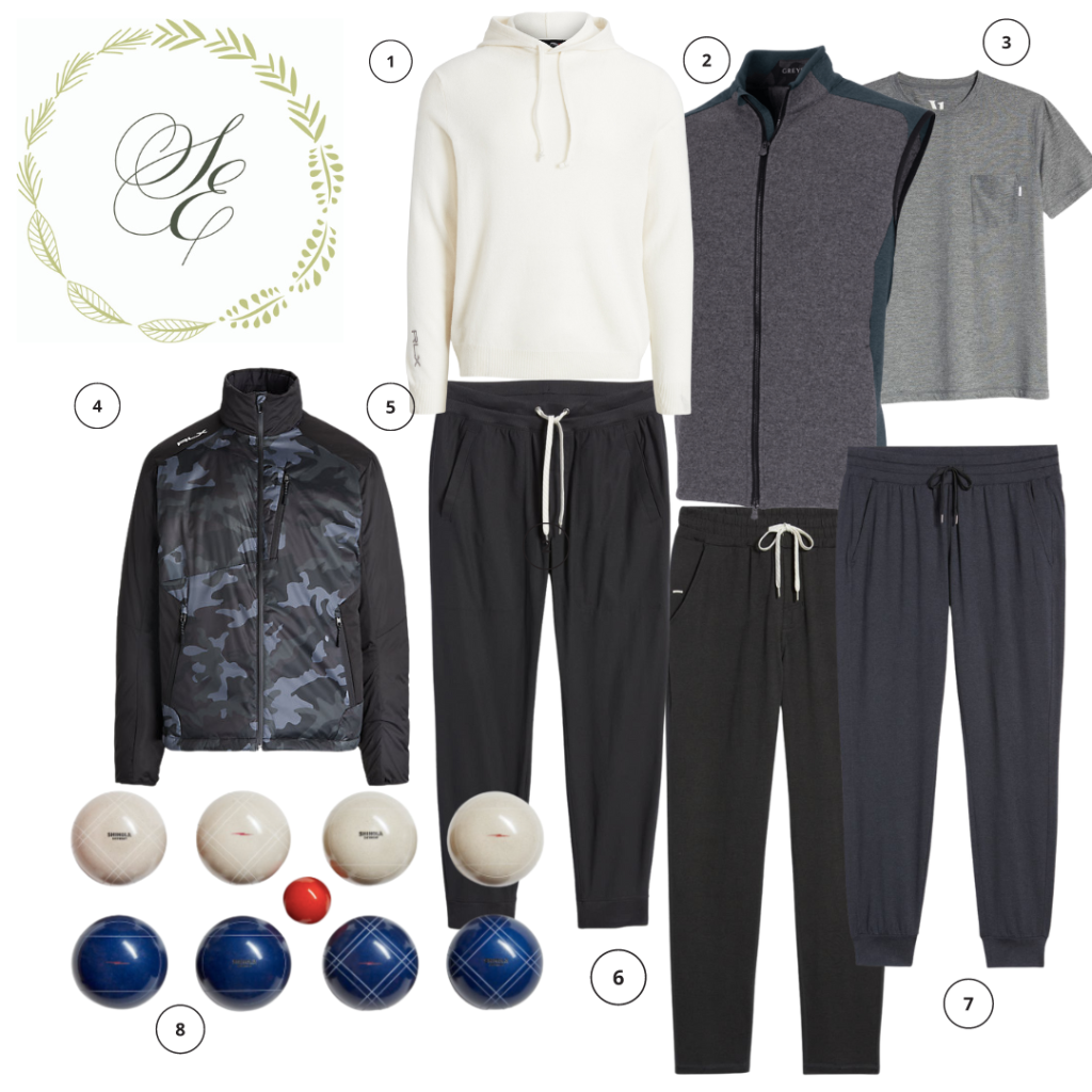 RLX Golf Washable Cashmere Sweater, Grayson Luxe vest, Vuori Trade wind Pocket Performance Shirt, RLX Water Repellent Came Softshell Jacket, Vuori Meta Joggers, Vuori Pono Performance Pant, Zella Restore Soft Joggers, Shinola + St. Pierre Bocce Ball Set