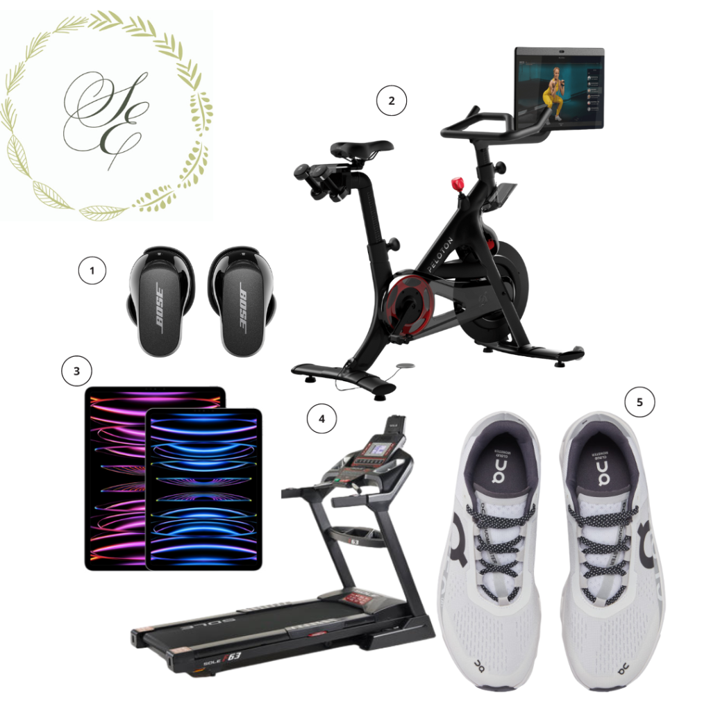 Bose Quiet Comfort Earbuds, Peloton Bike, Apple iPad Pro, Sole Treadmill, On Cloudrunner Running Shoes