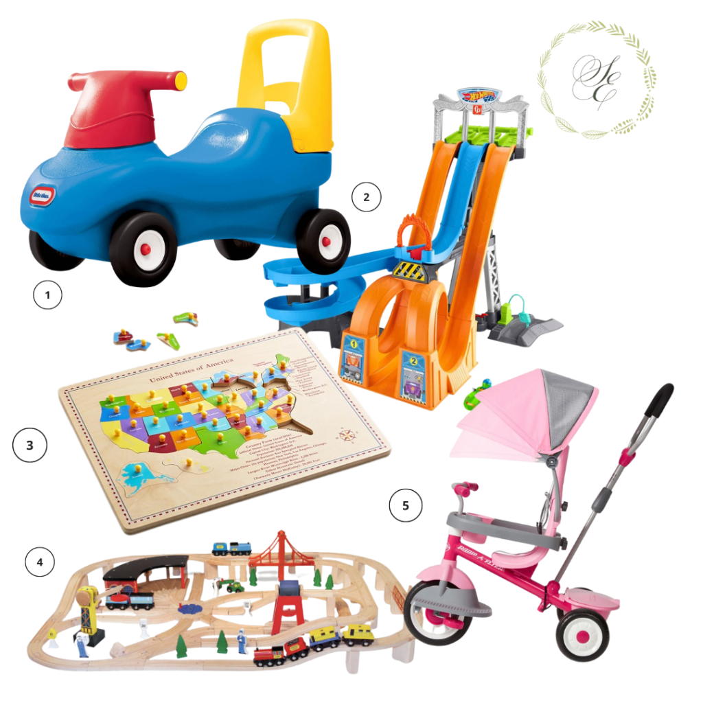 Little Tikes Push & Ride Racer, Fisher Price Little People Hot Wheels Racing Loops Tower, Potterybarn USA Map Puzzle, Potterybarn Train Set, Radio Flyer Deluxe Steer & Stroll Tricycle