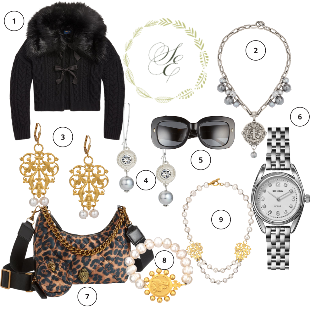 Ralph Lauren faux fur collar aran wool blend cardigan Kurt Geiger leopard print purse, Shinola canfield sport watch, French Kande White pearls with siver wire and trim, french filigree earrings with pearls, single strand white pearl with crowning pearl, lyon charm with fabre medallion and pearl, petite austrian crystal annecy and pear