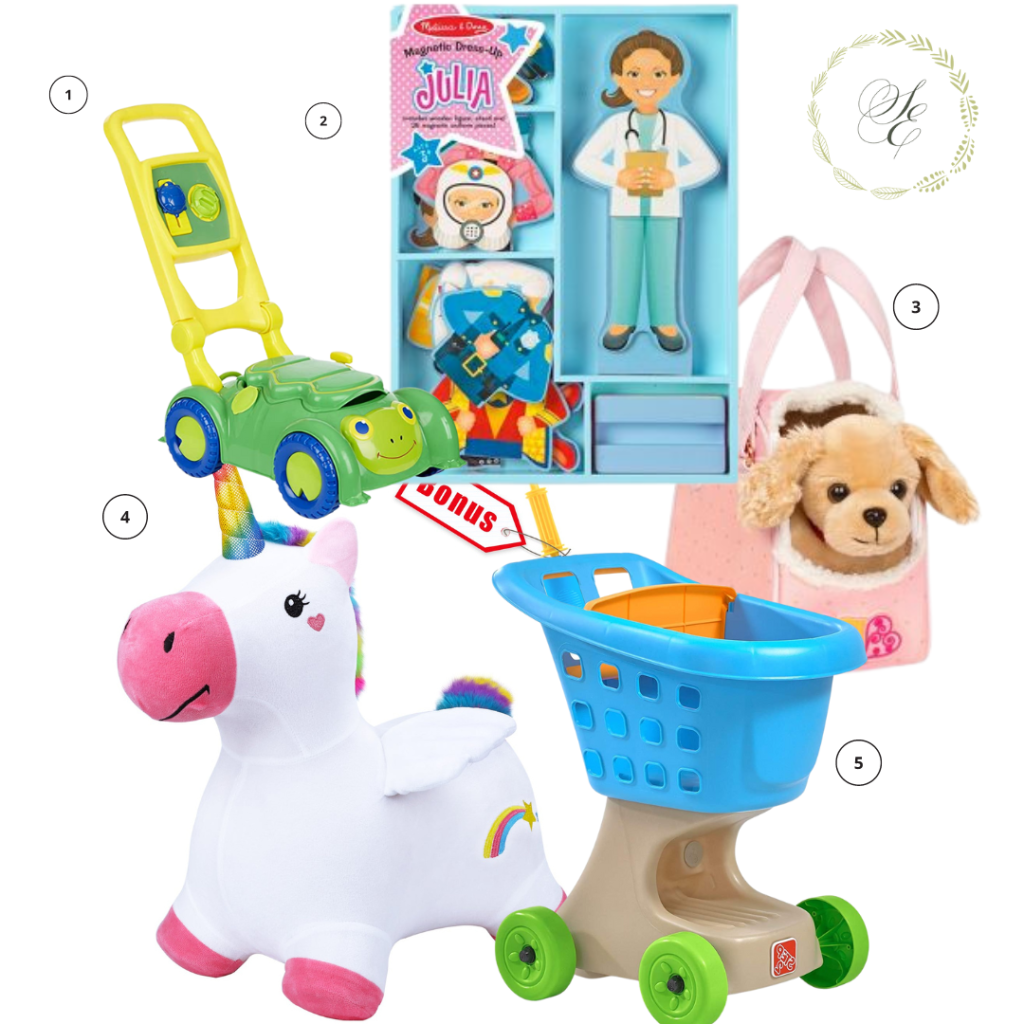 Melissa & Doug Sunny Patch Snappy Turtle Lawn Mower, Melissa & Doug Magnetic Dress, Our Generation Hop In The Dog Carrier, Unicorn Bouncy Pals Hopping Toy, Little Helpers Shopping Cart