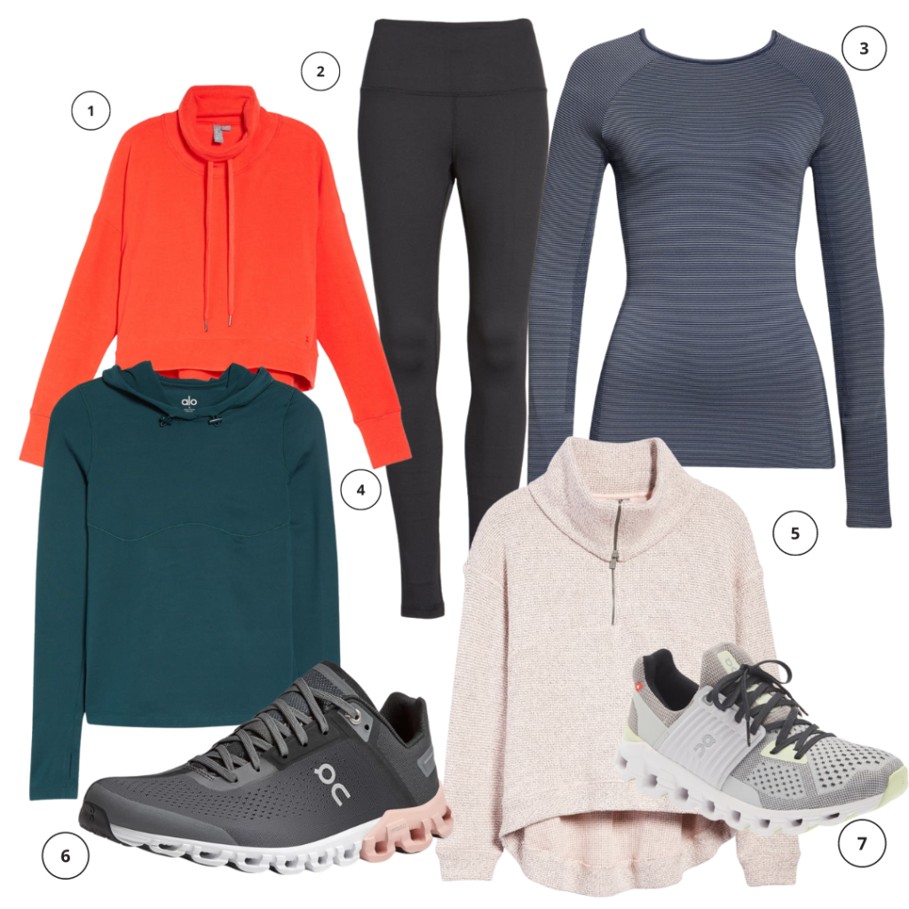 Sweaty Betty Harmonise Luxe Sweatshirt, Zella Live In High Waist Leggings, Zella Seamless Stripe Long Sleeve Top, All Aloft Visionary Hoodie, Sweaty Betty Restful Boucle Half Zip Pullover, On Cloudflow Running Shoe, On Cloudrunner Shoe