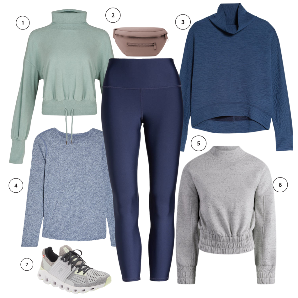 Sweaty betty melody fleece pullover sweatshirt, dagne dover ace water resistant belt bag, zella carey quilted funnel neck pullover, zella liana long sleeve recycled t shirt, alo airlig high waist midi leggings, varley dunbar sweatshirt, ON cloud runner