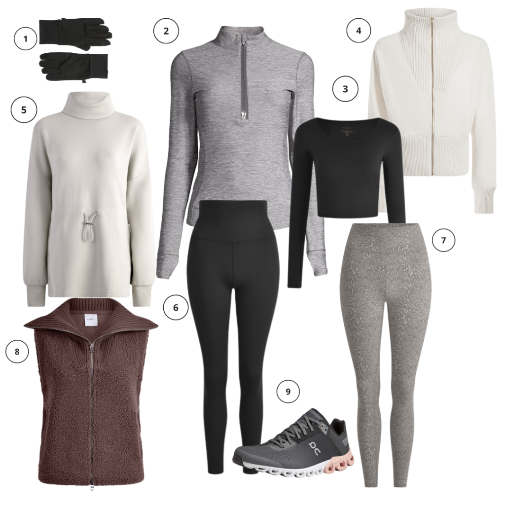 Ice breaker Sierra tech touchscreen fleece gloves, Greyson Hailey Melange 1/4 zip, Varley alisa zip jacket, varley freya sweatshirt, varley aspen vest, varley always super warm high waist leggings, varley always warm sloan tee, varley let's move super high leggings, ON cloudflow shoes