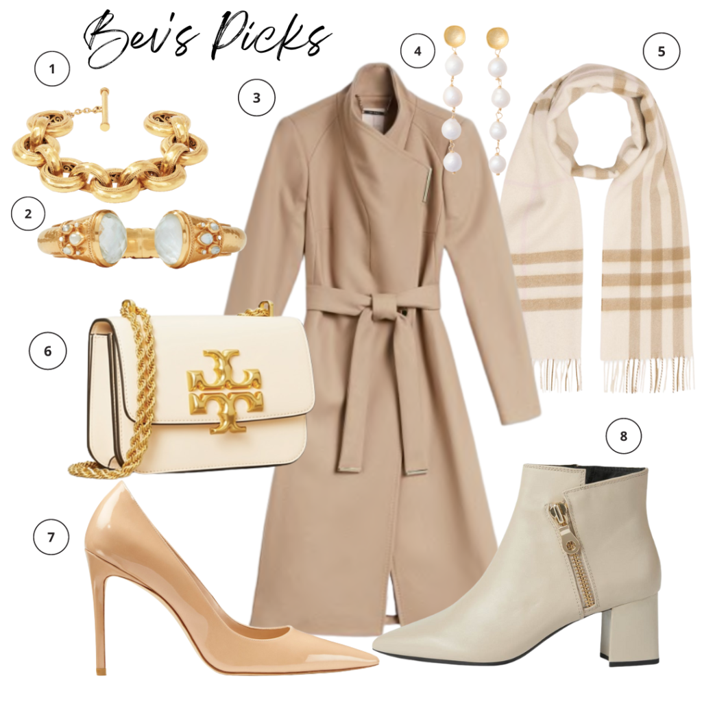 Julie vos cassis link bracelet, Julie Vos Cassis statement hinge bracelet, Ted Baker rose wool wrap coat, Brinker & Eliza gigi earrings, burberry the classic check cashmere scarf, Tory burch small eleanor bag, Stuart weitzman stuart 100 pump, Geox Meleda ankle boot