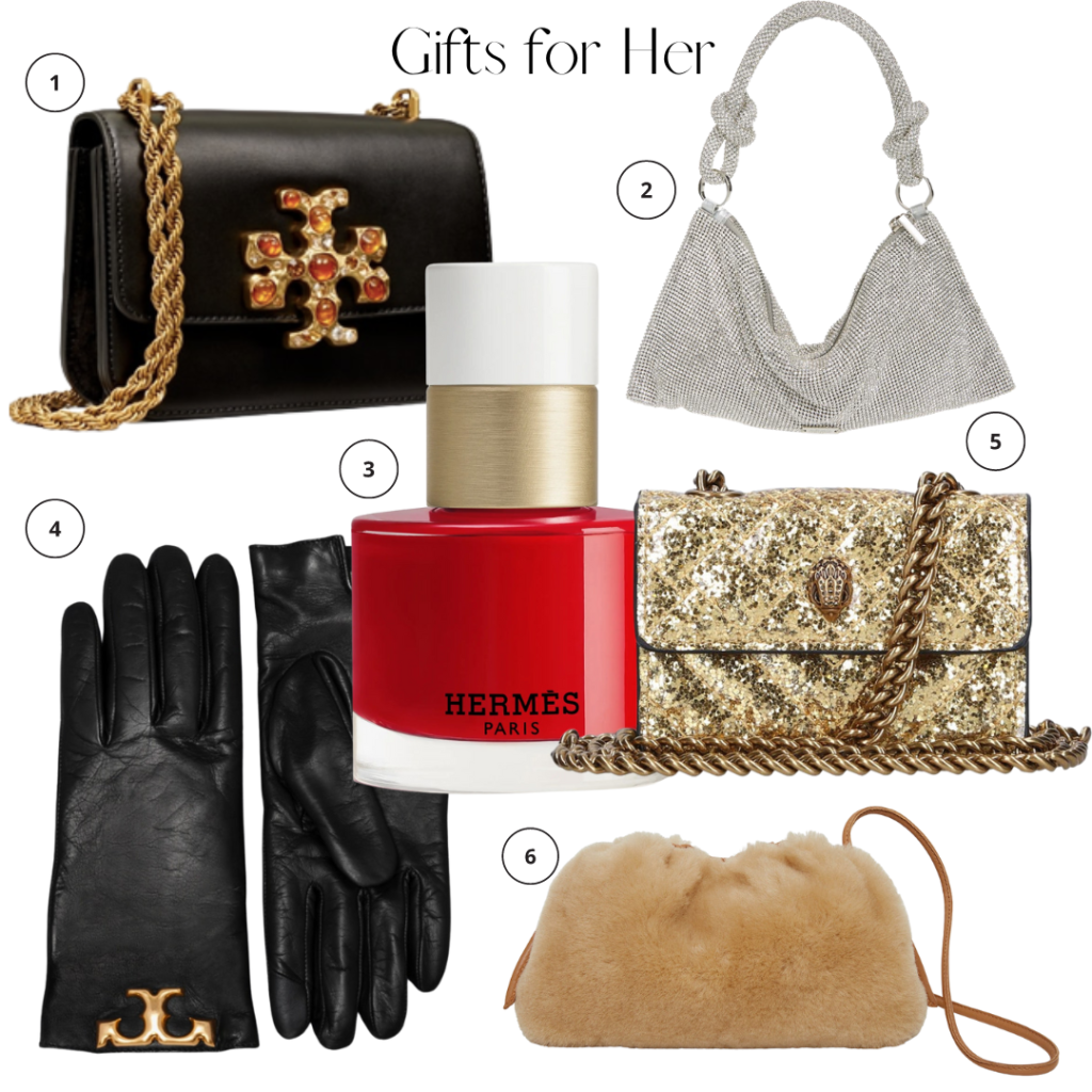 Tory Burch small eleanor jeweled bag, Cult gia hera nano rhinestone shoulder bag, tory burch eleanor gloves, Hermes nail polish, kurt geiger micro kensington gold glitter quilted cross body, mansur gravriel shearling mini cloud