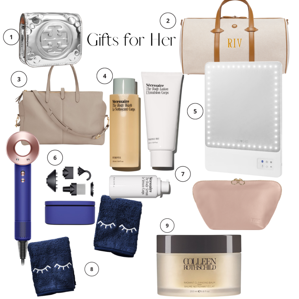 Tory burch mini T monogram embossed metallic wallet, paravel main line duffle, cuyana leather triple zipper over night, Necessaire the body trio set, Riki loves riki lighted mirror, Dyson supersonic hair dryer, Kusshi vacationer make up bag, weezie make up towels, colleen rothschild cleansing balm