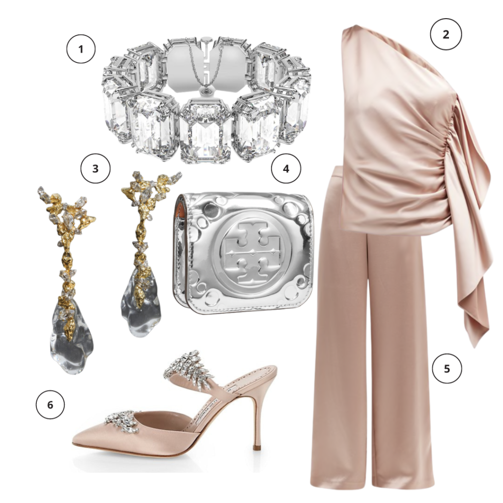 Swarovski millenia bracelet, Trina turk wide leg satin weekend pant, trina turk powerful draped one shoulder satin top, tory burch mini t monogramed embossed metallic wallet, alexis bitar dream rain post drop earrings, manolo blahnik lurum 90 crystal embellished mules