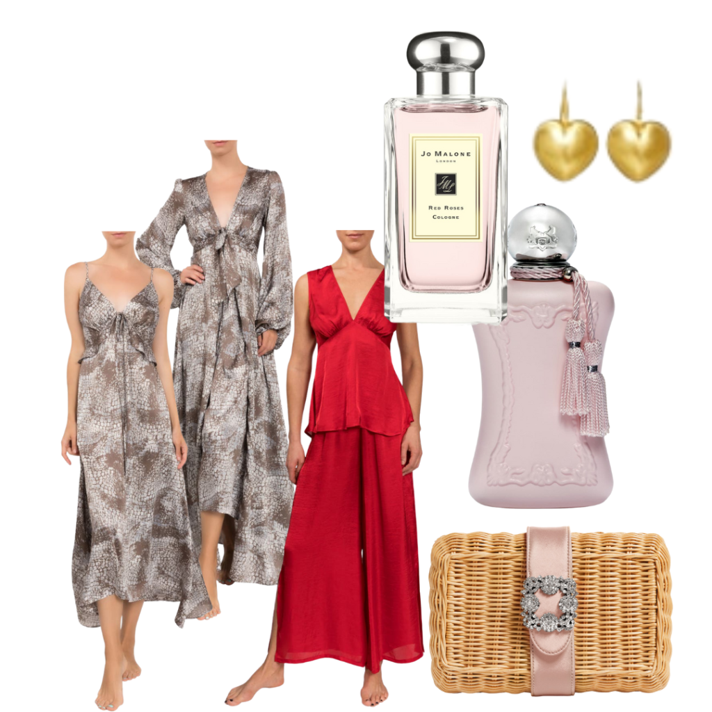 Nordstrom everyday ritual lana robe, nordstrom everyday ritual ruffle satin ,Nordstrom Everyday Ritual Wide Leg Satin PJ nightgown, Pamela Munson The Marilyn Crystal Champagne Clutch, Jo Malone Red Roses Cologne, Nordstrom Parfum de Marleys Delina, Tory Burch Heart Locket Earring