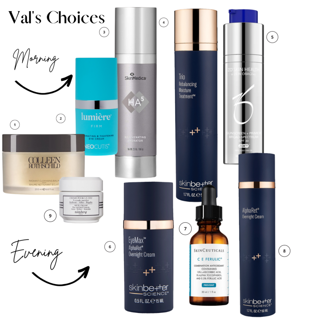 Colleen Rothschild Radiant Balm Cleanser, Neocutis Lumiere Eye Cream, Skinmedica HA2 Hydrating Cream, Skinbetter Trio Rebalancing Moisture, Dr. Zo Sunscreen & Primer, Skinbetter EyeMax AlpaRet Overnight Cream, Skinceuticals C E Ferulic, Skinbetter Alpha Ret Overnight Cream, Sisley Paris Neck Cream