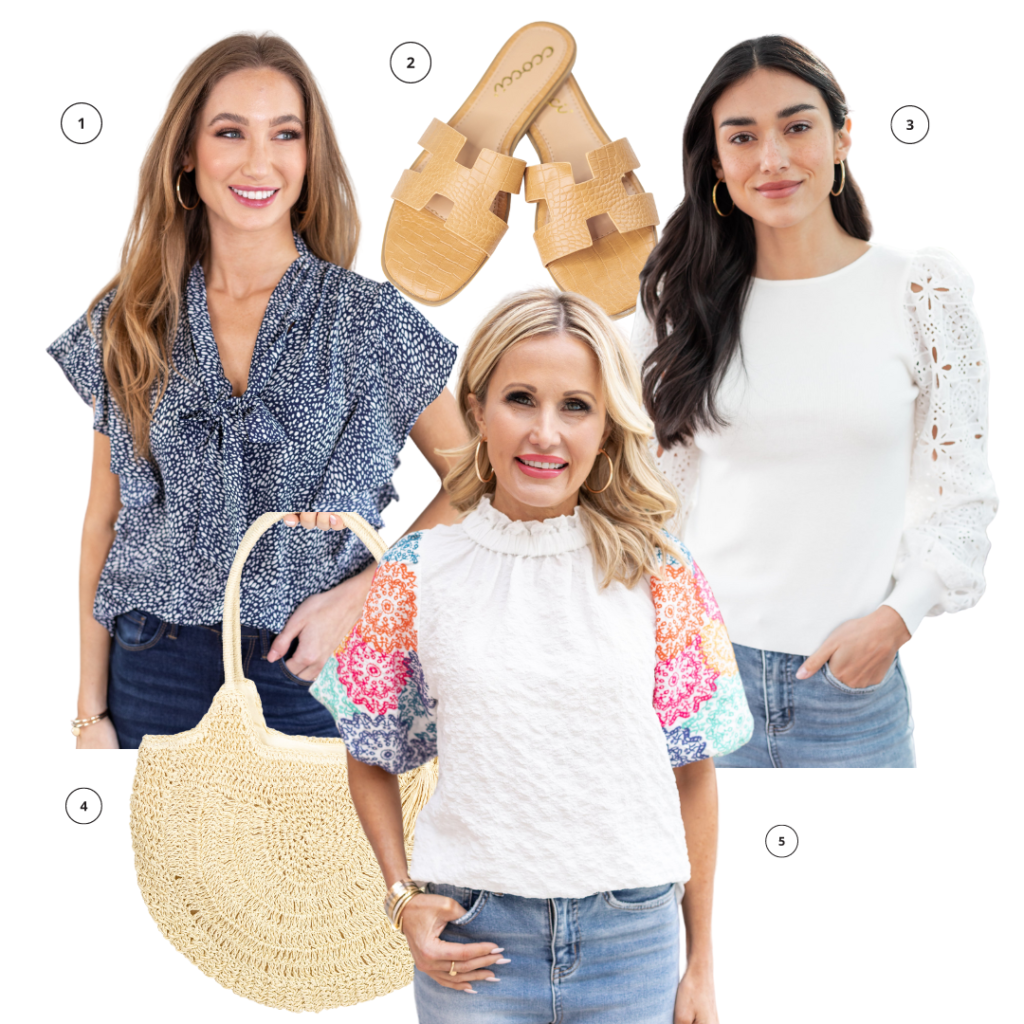 Avara Bethany Top, Helene Sandals, Finley, Gavin Top, Kira Tote