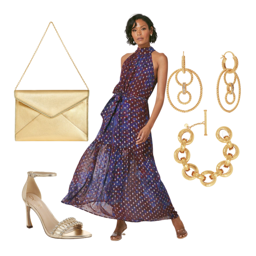 Cleobella Nesah Ankle dress, Sam edelman evelynn ankle strap sandal, nordstrom leo envelope clutch, julie vos cannes demi link bracelet, julie vos monaco 3 in 1 earring