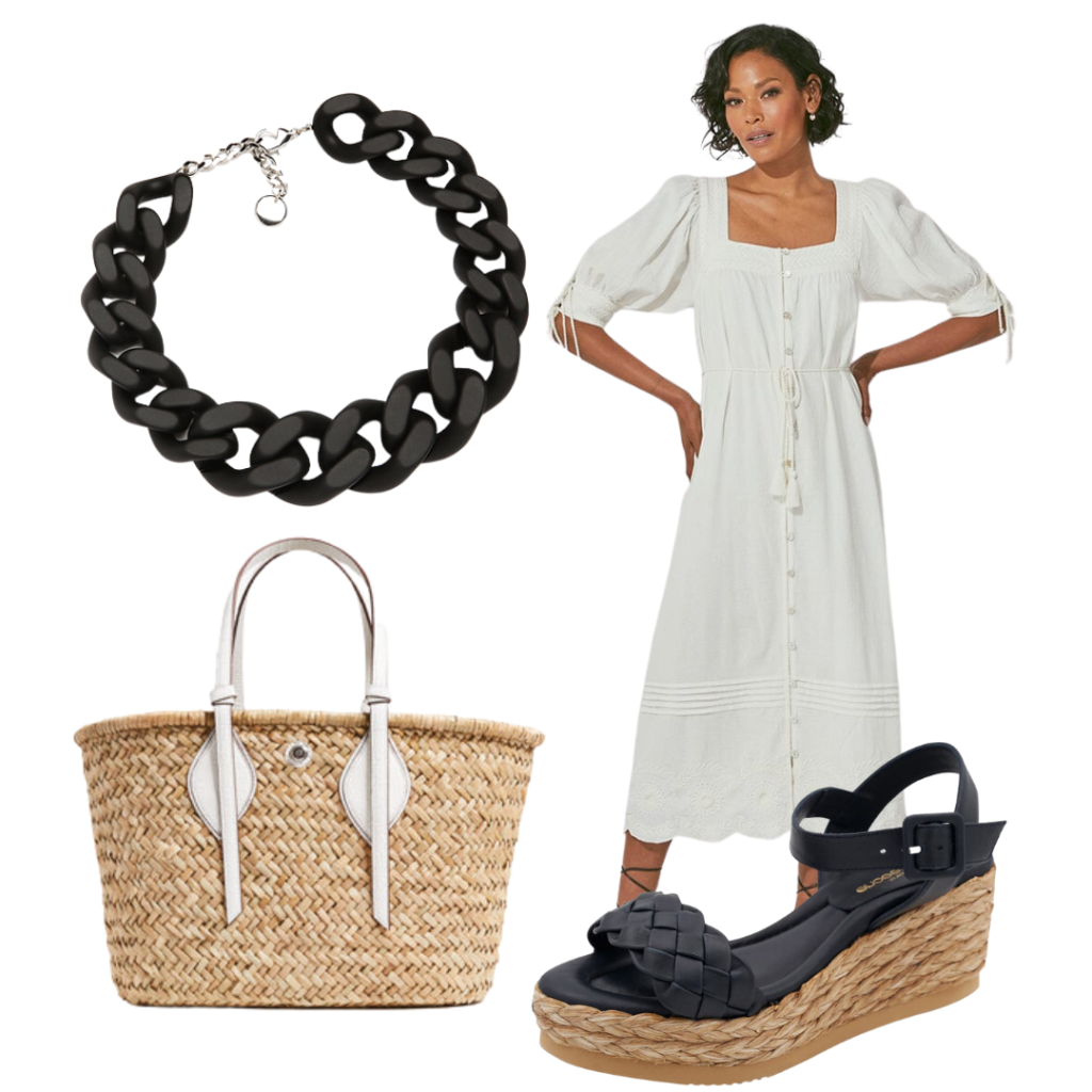 Cleobella Lola midi dress, barbara boz paris necklace, Pamela munson the market tote, andre assous cecillia wedge platform sandal