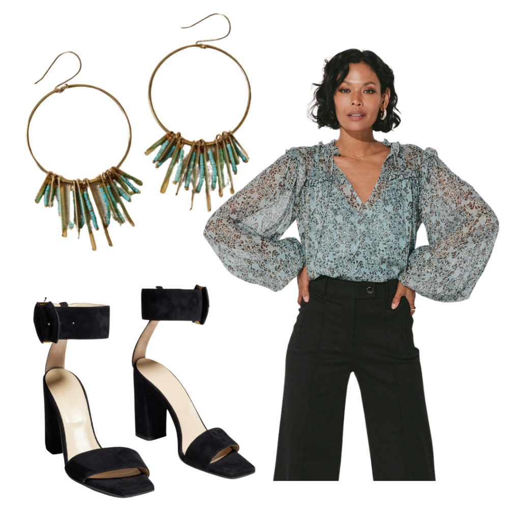 Cleobella loretta blouse, banana republic turquoise and brass hoop earrings aureau + argent, banana republic ravello suede sandal