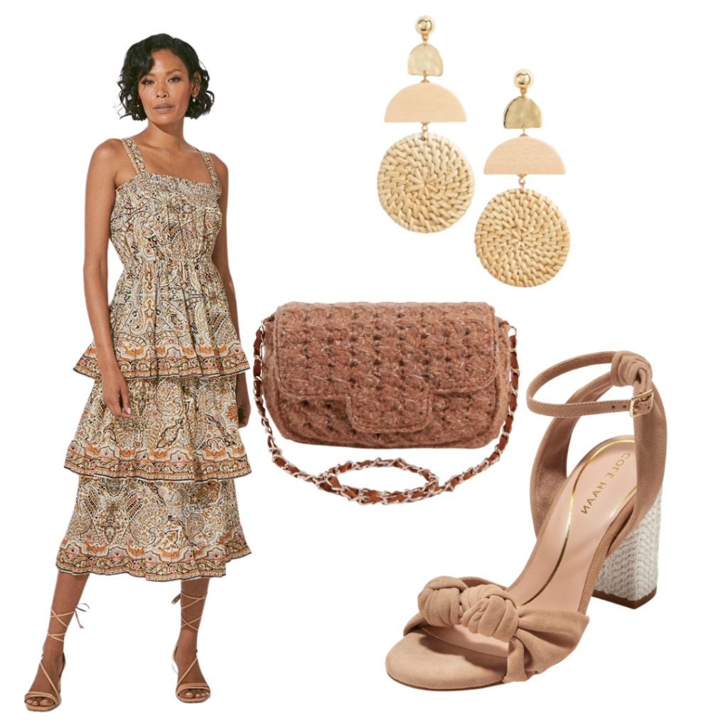 cleobella rosalie midi dress, cole haan kaycee knotted ankle strap sandal, ettika raffia drop earrings, tucknuck tan woven shoulder bag caterina bertini