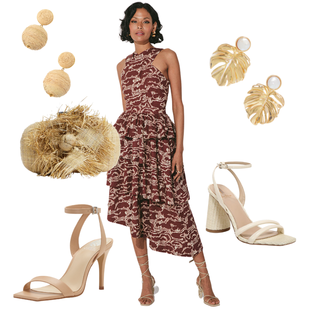 Cleobella Carson Midi Dress, Tuckernuck Latern Earring, Pamela Munson Fleur Fringe bag, Vince Camuto Saprenda Sandal, Sam Edelman Kia Anklestrap Sandal, Tuckernuck Luxe Palm Pearl Earring