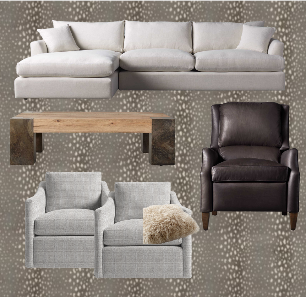 Arhaus Emory Slipcover Couch in Snow, Telluride Coffee Table, Alex Recliner in Java, Branson Swivel Chairs in Silver, Tibetan Pillow in Sand