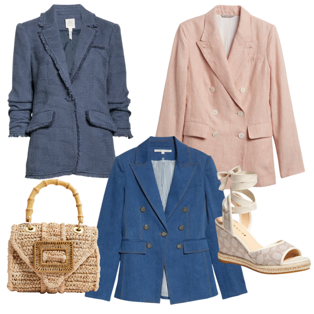 Cinq A Sept Khloe Boucle Jacket, Pamela Munson Mini Avis Bag, Veronica Beard Naira Denim Dickey Blazer, Coach Page Wedge Heel, Banana Republic Palma Linen Jacket