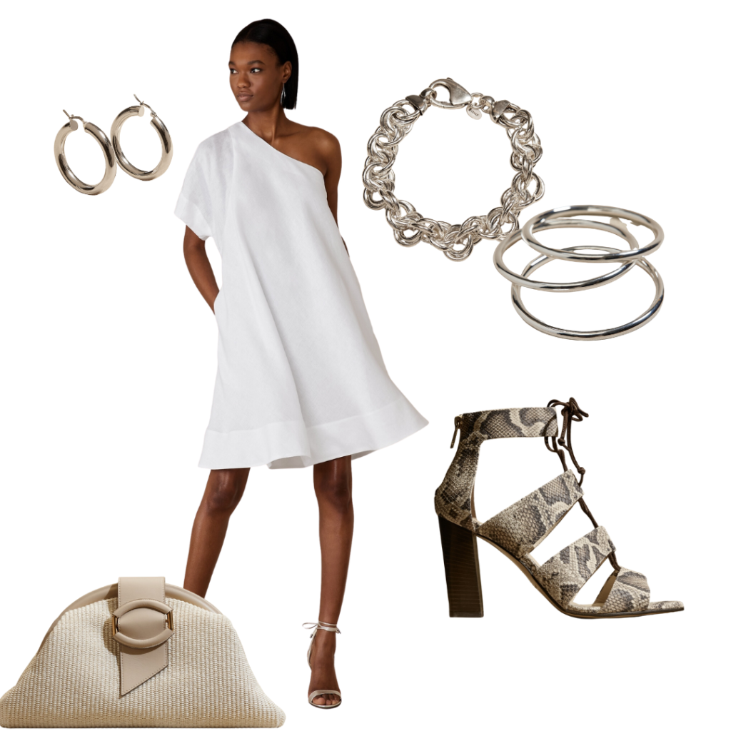 Odile One Shoulder Linen Dress, Almere Leather Sandal, Triple Bangle, Ravena Link Bracelet, Small Hoop Earrings, Straw Clutch