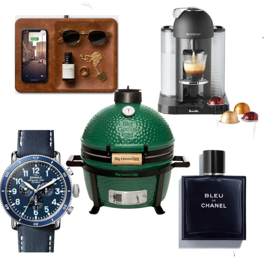 Shinola watch canfield chrono leather, big green egg smoker, bleu cologne by chanel, nespresso vertuo coffee maker, courant catch 3 charger