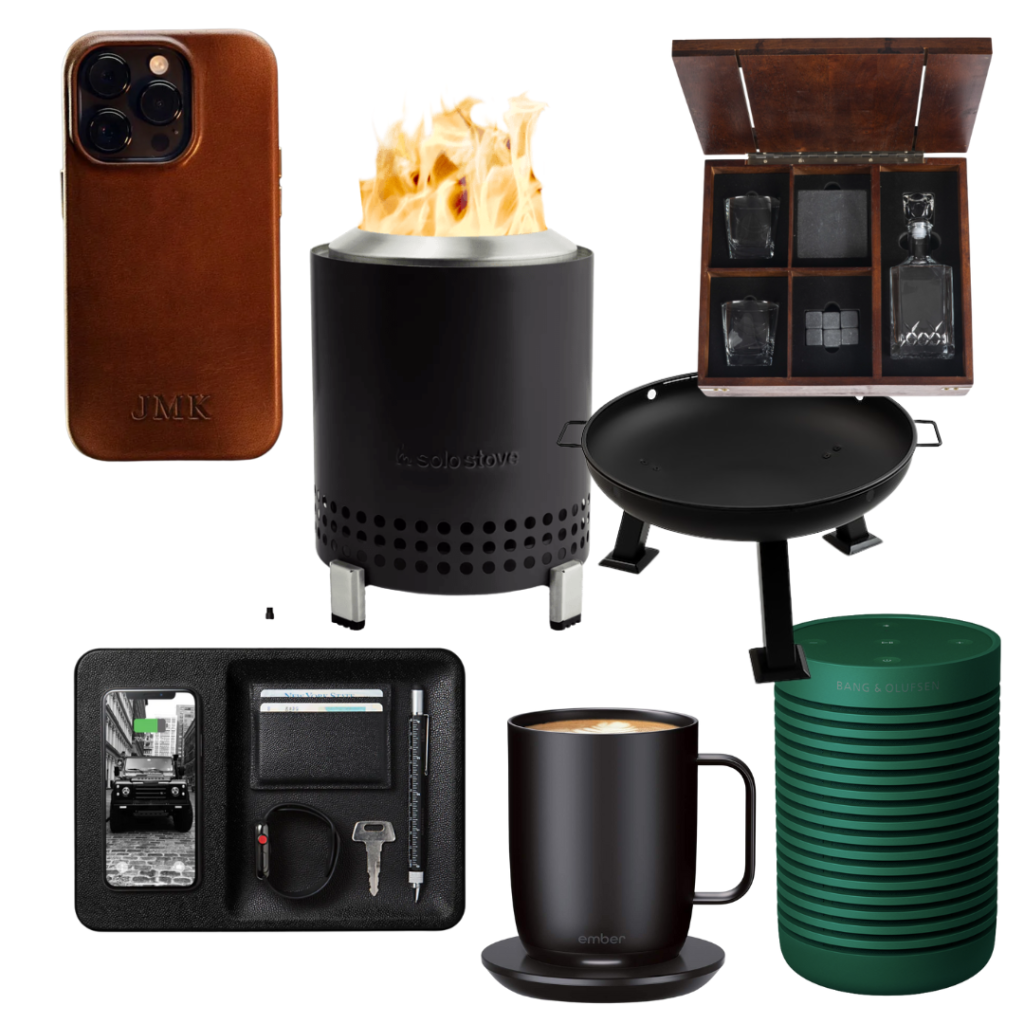 Mark and Graham leather phone case, courant catch 3 charger, solo stove mesa table top fire pit, bang & olufson portable speaker, jcrew bare bones fire pit, the w s whiskey box from Kathy Kuo Home, ember temperature control coffee mug