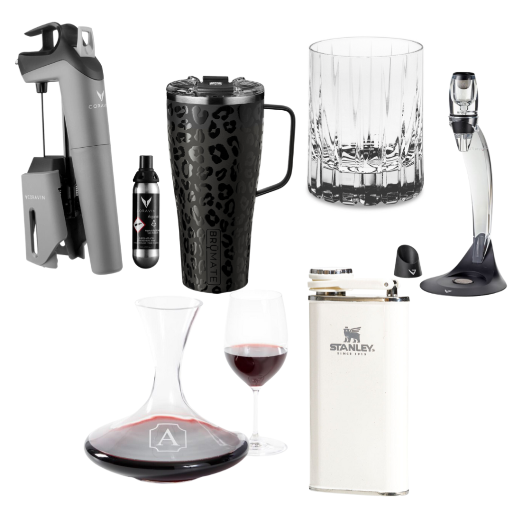 Coravin Timeless Three Wine Preservation System, Brumate Toddy XL, Williams Sonoma Dorset Crystal Double Old Fashioned, Pottery Barn Aerator, Mark & Graham Wine Carafe, Backcountry Easy Fill Wide Mouth Flask