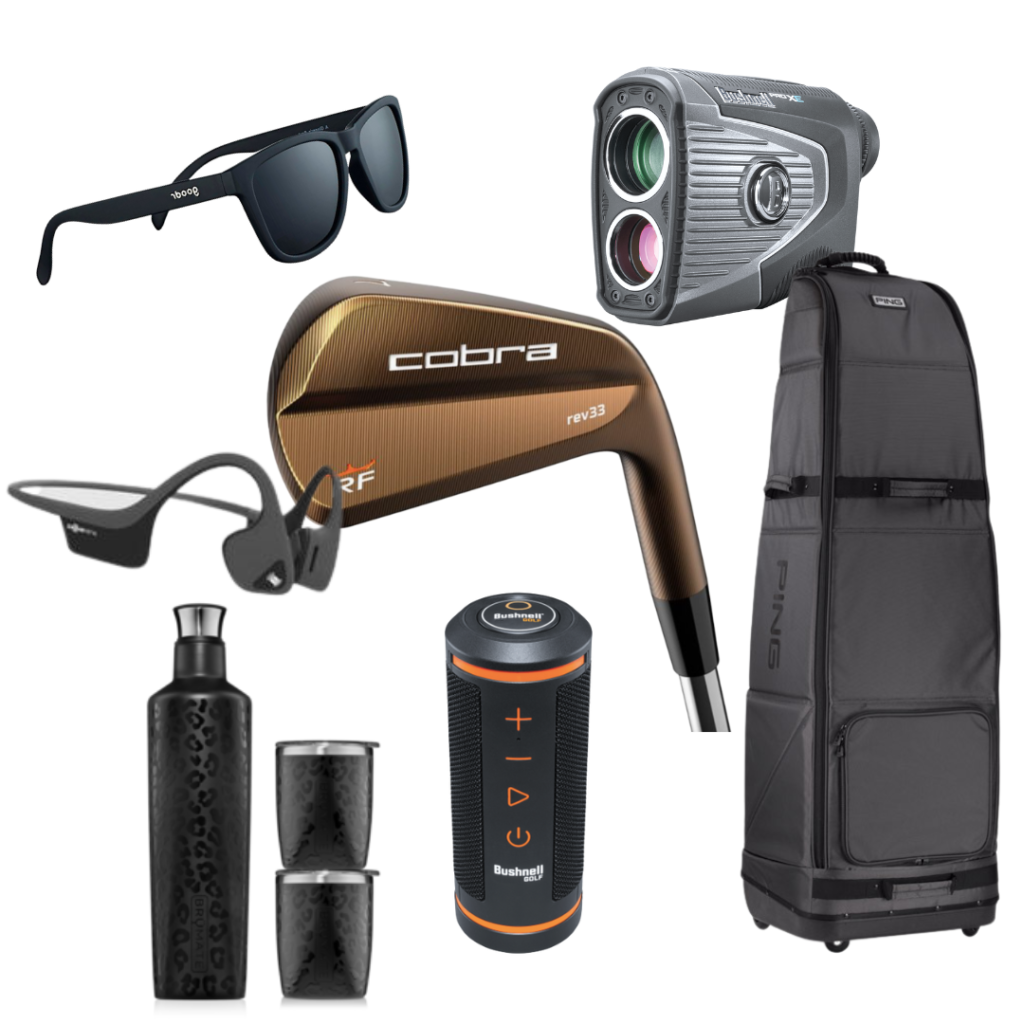 Good Sunglasses, Cobra Mens Copper Set of Clubs, Bushnell V5 Range Finder, Sun Mountain Golf Club Glider Meridian Travel Bag, Shook Open Run Headsets, Brumate Toddy, Beudhell Wingman Speaker