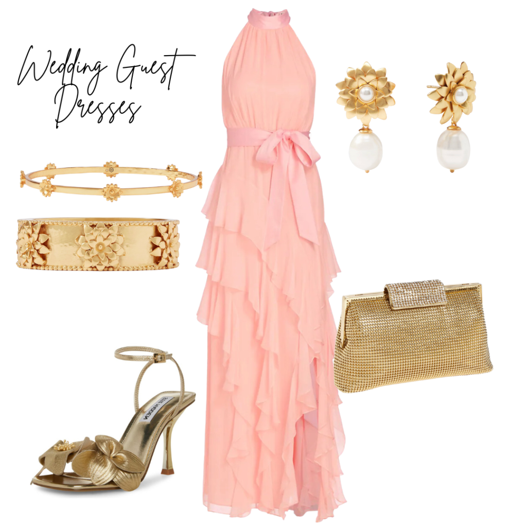 A wedding guest dress including earrings, bracelets, shoes and purse.