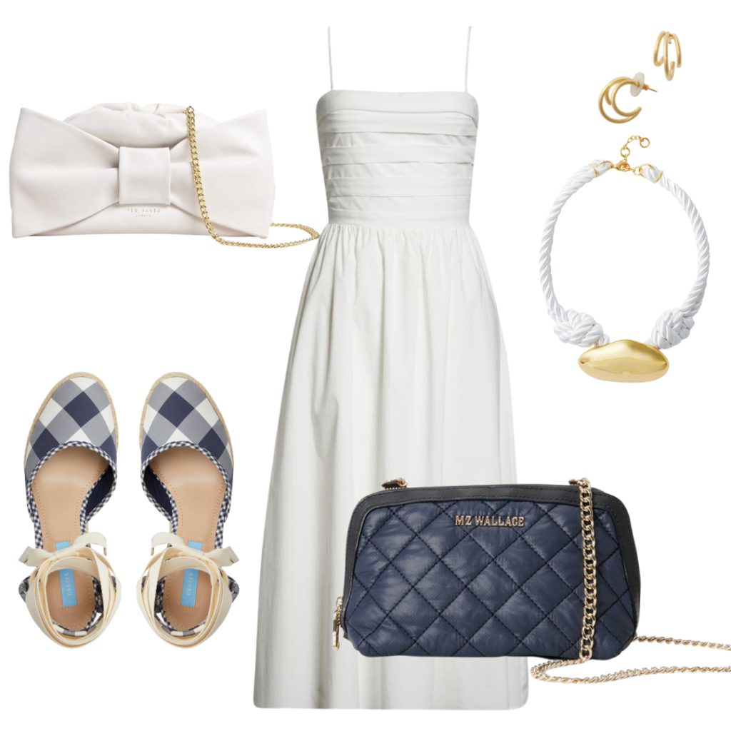 Ted Baker Niasa Knot Bow Clutch, Nordstrom Way Convertible Dress, Tuckernuck White & Gold Leile Necklace, Tuckernuck Triple Threat Earrings, MZ Wallace Small Emily Crossbody, Draper James Olivia navy Gingham Espadrille