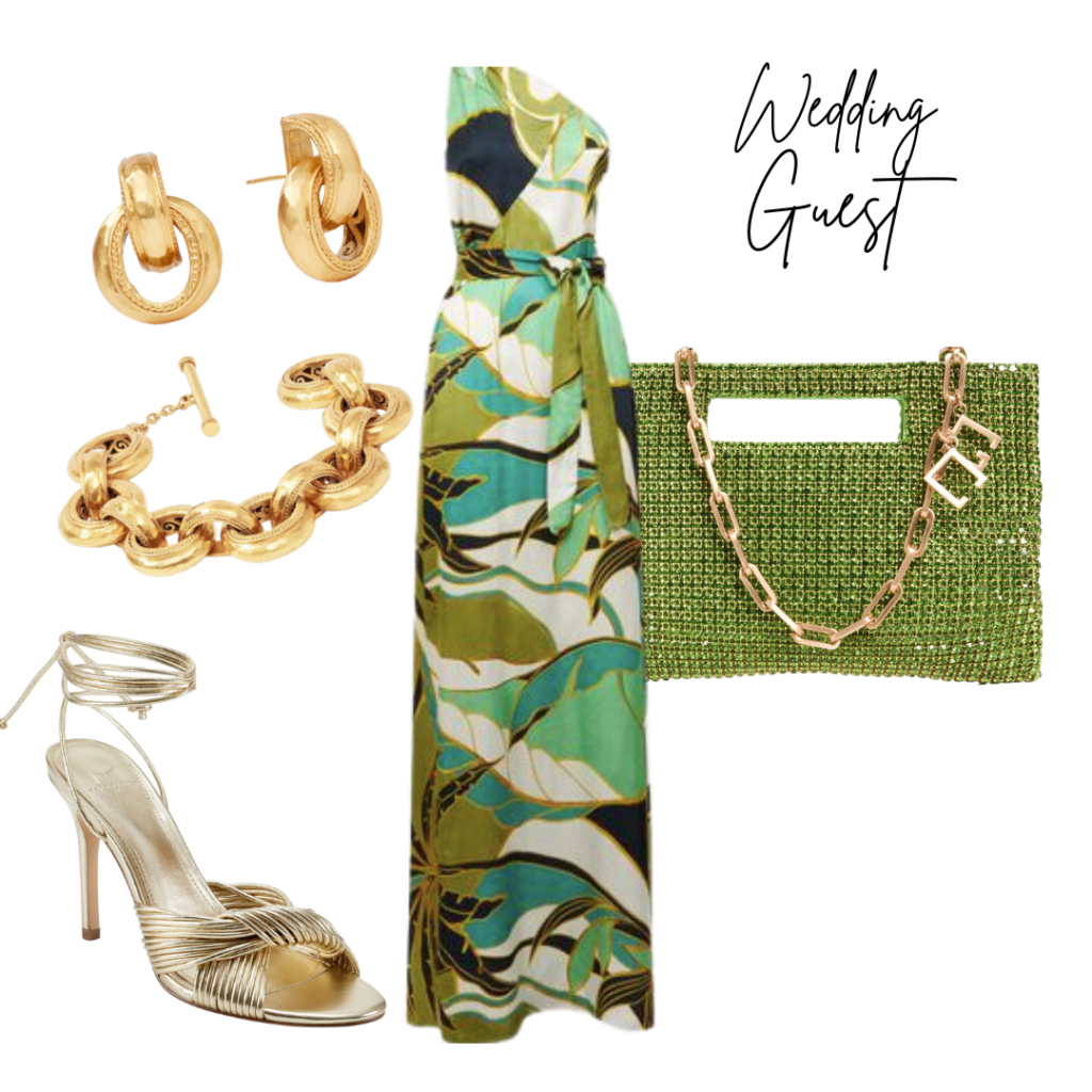 Beautiful dress for a wedding guest including a dress, earring, bracelet, shoes and a purse.