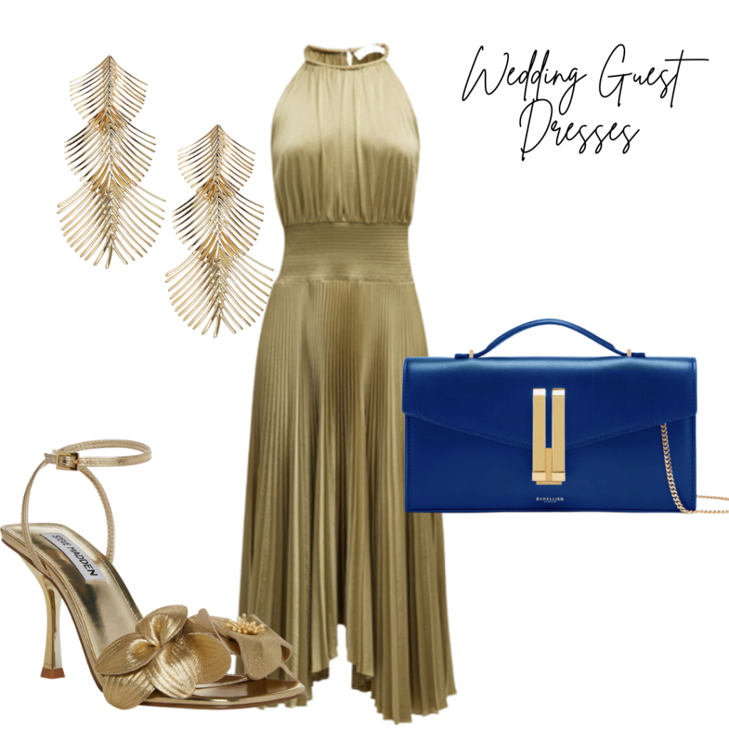 A complete outfit for a wedding guest including dress, shoes, earring and purse