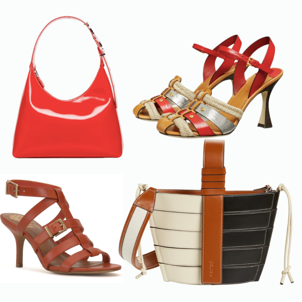 collage with Staud Scotty bag in tomato, tory burch fisherman heel sandal, vince camuto bivenya strap sandal, staud diamond two tone mini tote