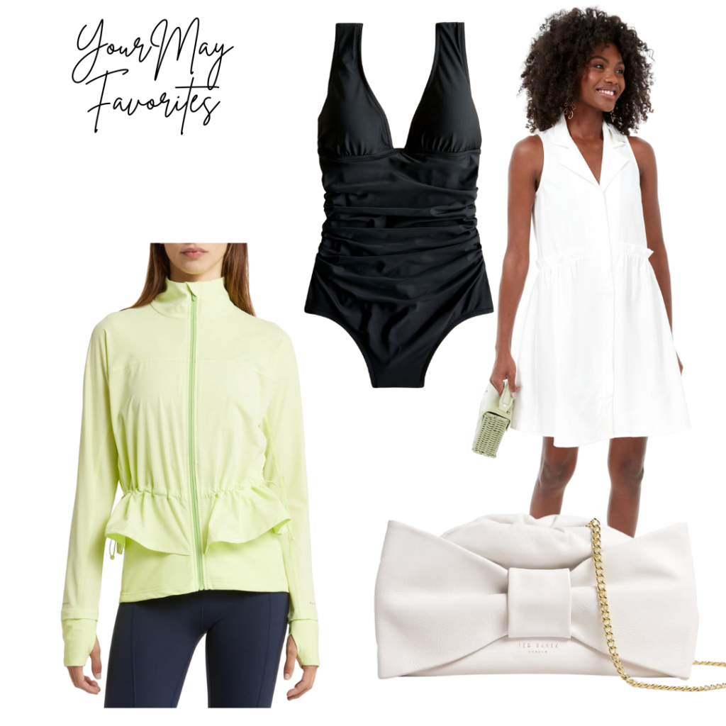 Nordstrom Sweaty Betty Fast Lane Running jacket, J Crew Ruched V Neck One Piece Swimsuit, Tuckernuck Oxford Sleeveless Dress, Ted baker Niasa Knot Bow Clutch